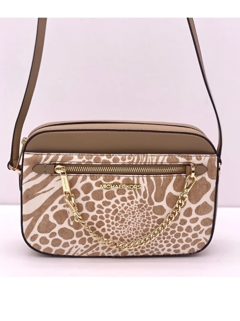 Michael Kors Large EW Zip Chain Crossbody Bag Camel color with real calf